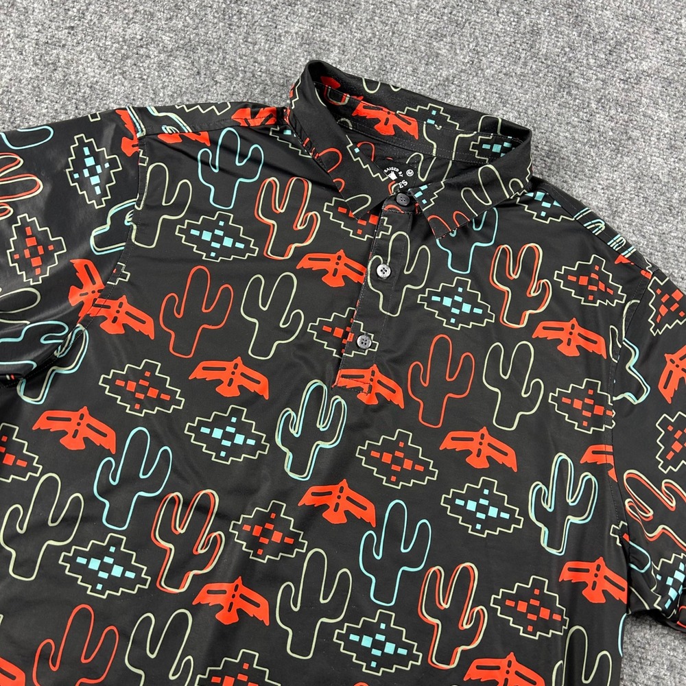 Raised By Coyotes Polo Shirt Mens Medium Black Southwestern Cactus Thunderbird
